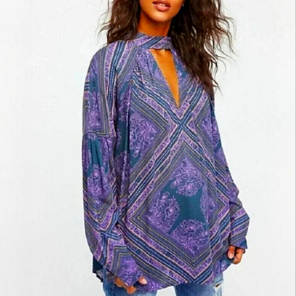 Free People Top Walking On A Dream Relaxed Chocker Cut Out Blouse S - Picture 1 of 8